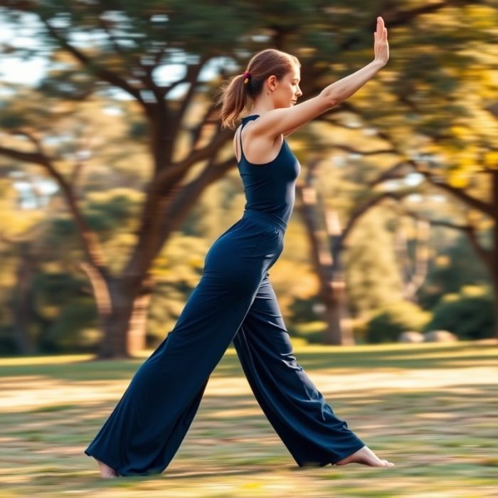 Woman in Navy Blue bamboo wide leg yoga pants performing a yoga pose in an Australian park.
