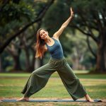 A woman in olive green wide leg yoga pants performing a yoga pose in an Australian park.