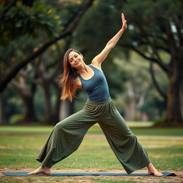 A woman in olive green wide leg yoga pants performing a yoga pose in an Australian park.