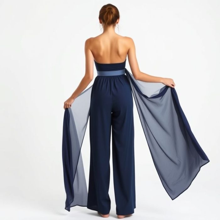 Back view of Navy Blue wide leg yoga pants made from bamboo, on a model with a white studio background.
