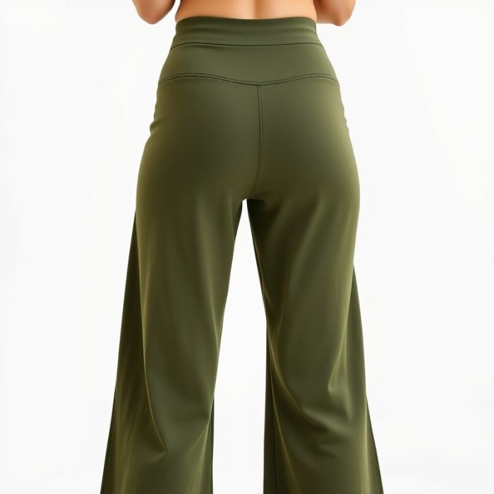 Back view of olive green wide leg yoga pants flare on model, studio shot with white background.