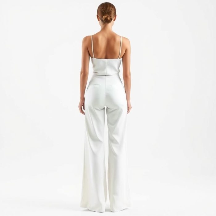 Back view of a model wearing wide leg yoga pants Australia flare black yoga pants in white, studio shot.