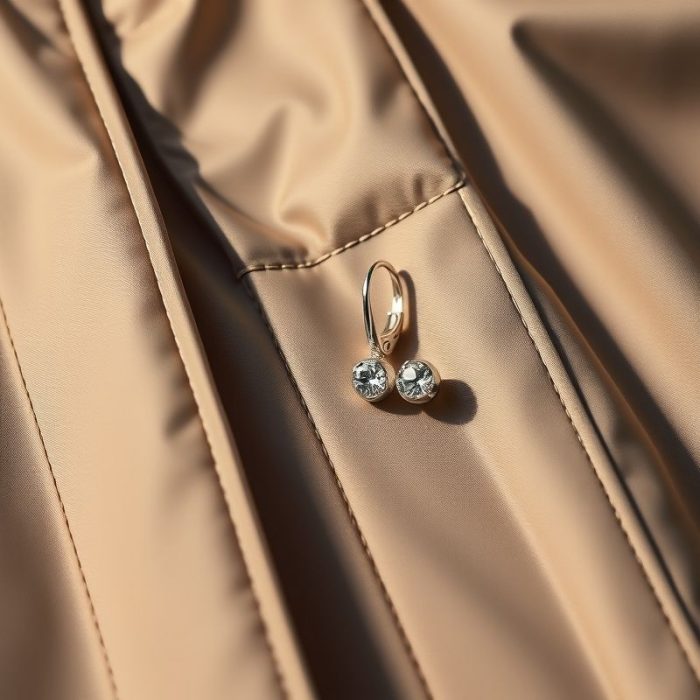 Close-up of moisture-wicking Performance Fabric in women's anorak jacket waterproof silver earrings, highlighting texture and stitching.