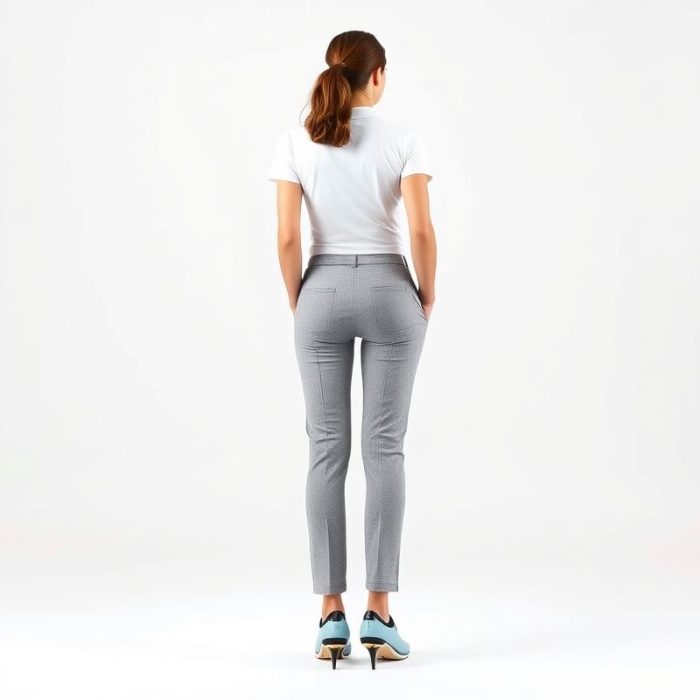 Back view of a model wearing womens golf pants in Heather Grey, showcasing fit and cut, studio shot on white background.