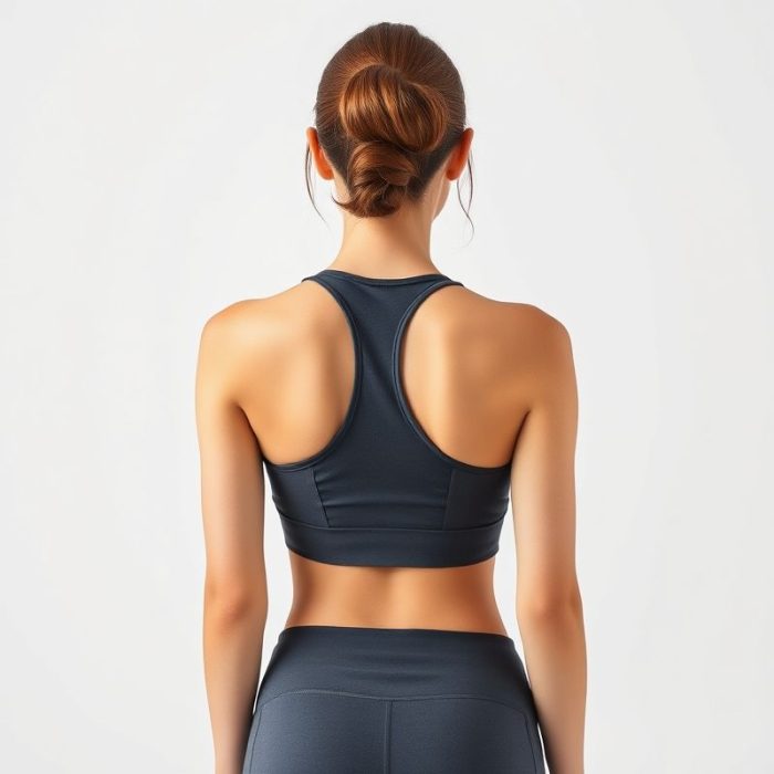 Back view of a model wearing womens yoga shirts yoga bras in Charcoal, showcasing fit on white studio background.