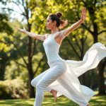 Woman in warrior pose wearing white yoga brands australia by luna australia in a park.