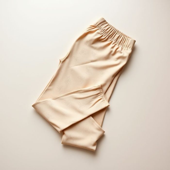 Flat lay of a beige printed yoga crop and pants folded on a neutral surface.