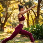 Woman in a yoga pose wearing burgundy yoga crop flare leggings in an Australian park.