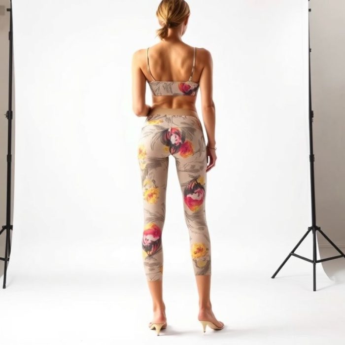 Back view of a model in a beige printed yoga crop and pants on a white background.