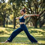 A woman in a Navy Blue yoga crop top and fitted flare pants performing a yoga pose in an Australian park.