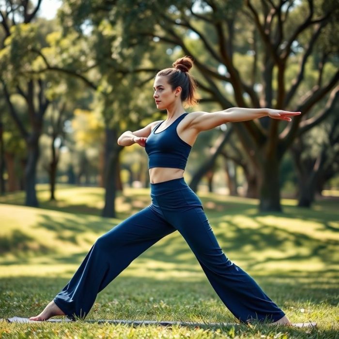 A woman in a Navy Blue yoga crop top and fitted flare pants performing a yoga pose in an Australian park.