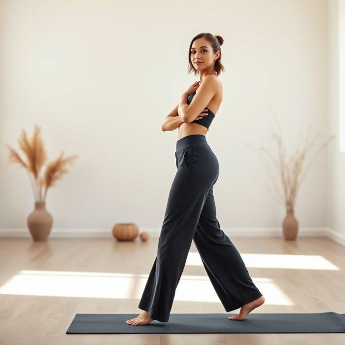 A model in charcoal organic bamboo yoga flare pants posing in a bright yoga studio.