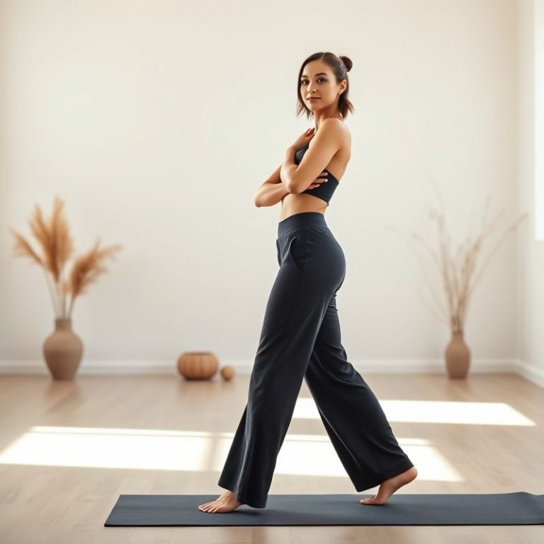 A model in charcoal organic bamboo yoga flare pants posing in a bright yoga studio.