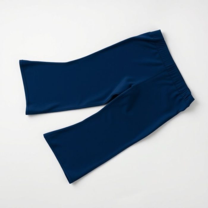 Navy blue yoga flare pants neatly folded in a minimalist flat lay.