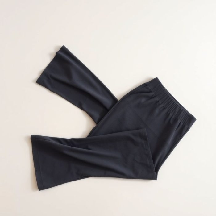 Organic bamboo yoga flare pants in Charcoal, neatly folded in a minimalist flat lay.