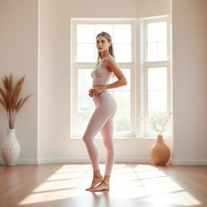 A model in a Pastel Pink yoga jumpsuit Australia and high waisted yoga pants in a bright studio.