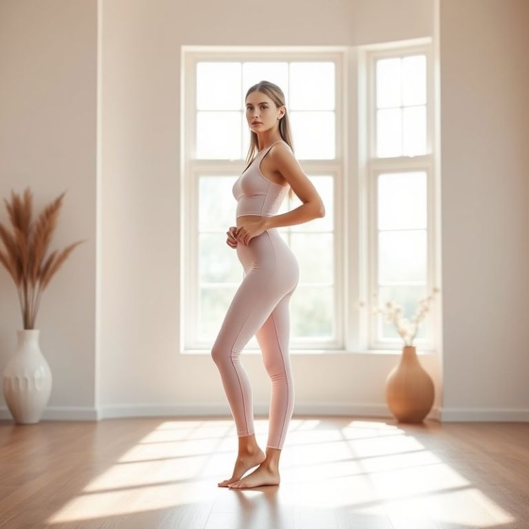 A model in a Pastel Pink yoga jumpsuit Australia and high waisted yoga pants in a bright studio.