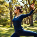 Woman in a Navy Blue organic cotton yoga long sleeve top performing a yoga pose in an Australian park.