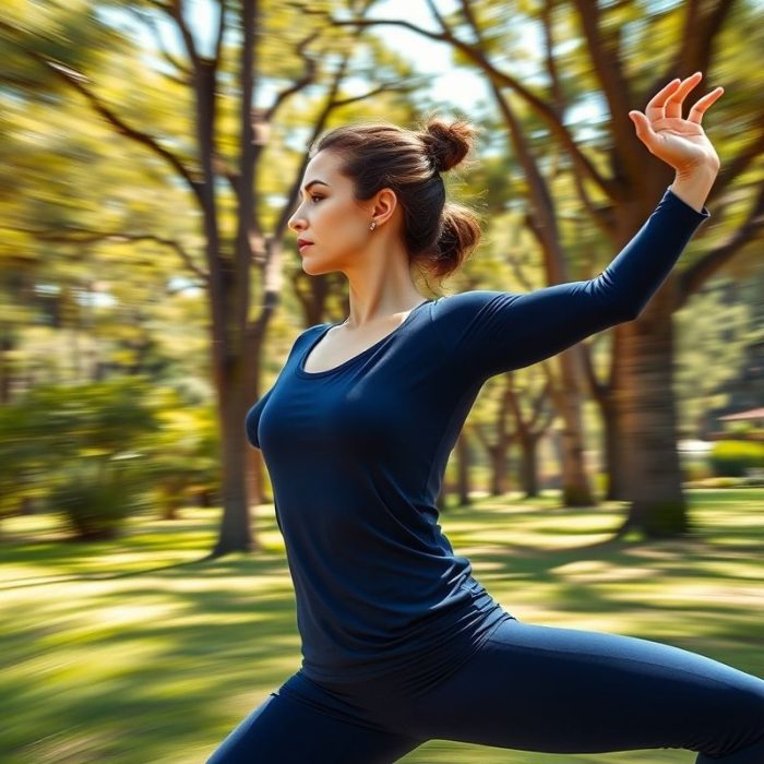 Woman in a Navy Blue organic cotton yoga long sleeve top performing a yoga pose in an Australian park.
