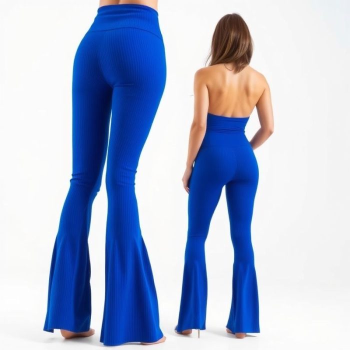 A model wearing royal blue yoga pants flare ribbed flared leggings, back view, white studio background.
