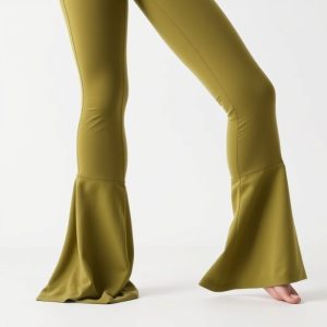 Yoga set with olive green flare leggings on a white background.