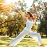 Woman in a white organic knit Australian yoga set performing a yoga pose in a park.