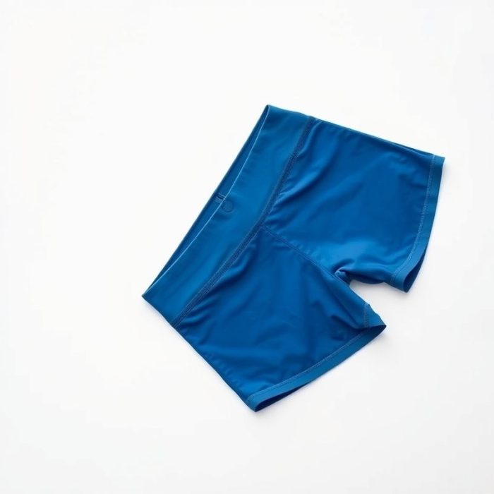 Neatly folded indigo blue yoga short in a minimalist white flat lay.