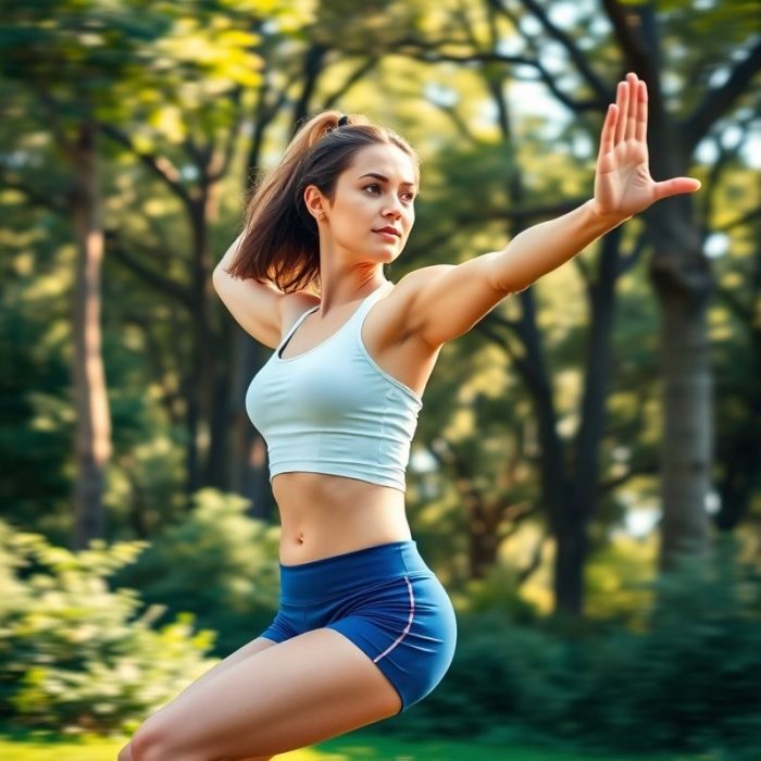 Woman in indigo blue yoga short performing a yoga pose in an Australian park.