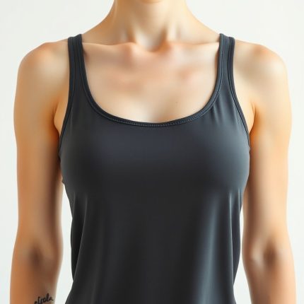 Charcoal organic yoga singlet for women, studio shot on white background.