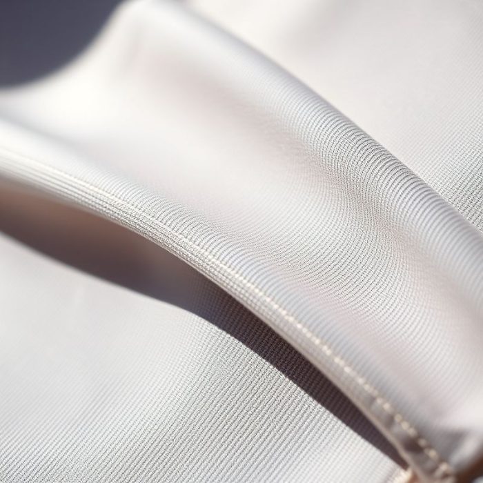 Close-up macro shot of the sustainable Lenzing Ecovero yoga suit fabric texture and stitching.
