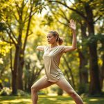 Woman in a beige organic yoga t shirt performing a yoga pose in an Australian park.