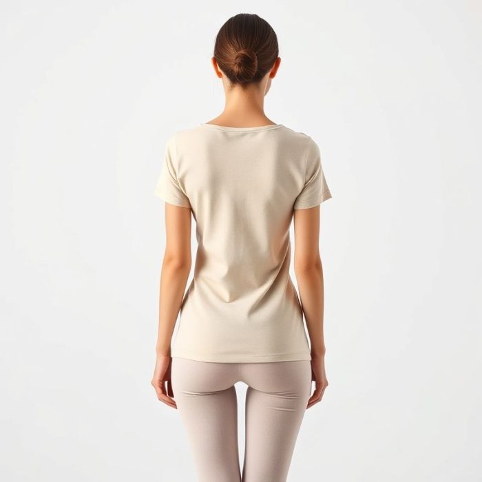 Back view of a beige organic activewear yoga t shirt on a model, studio shot.