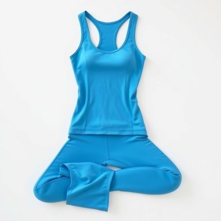 Sky blue yoga tank and flared tights set on a clean white background.