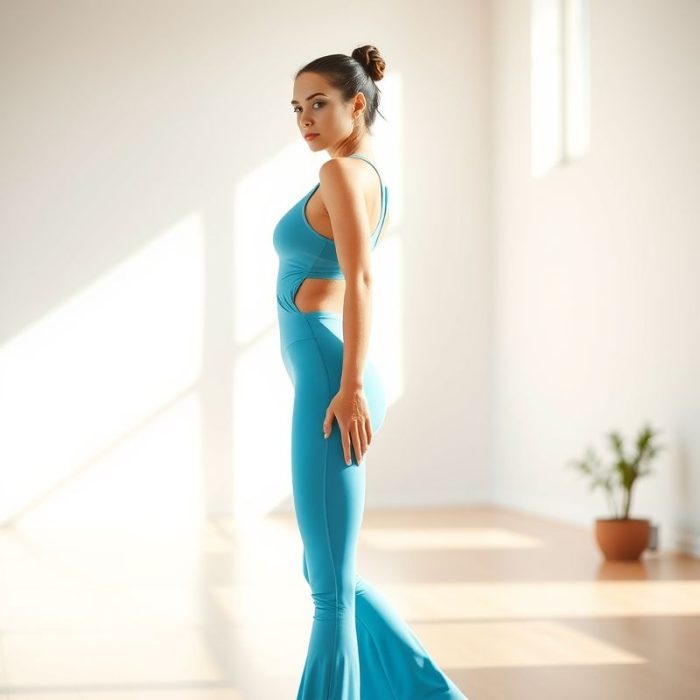 A model in a sky blue yoga tank and flared tights posing in a bright yoga studio.