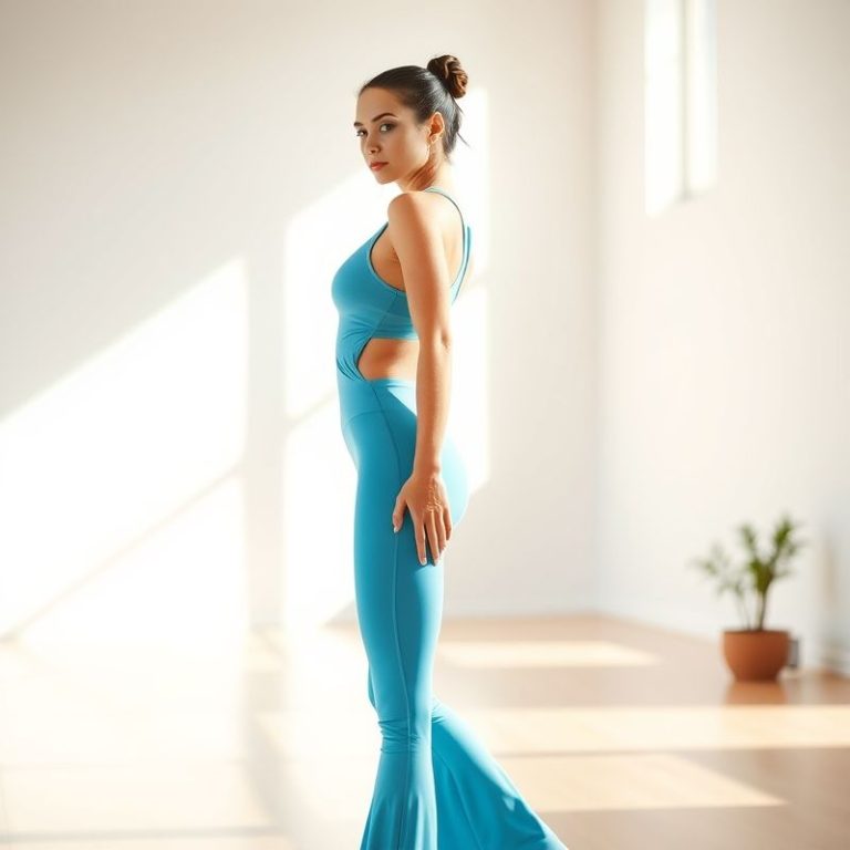A model in a sky blue yoga tank and flared tights posing in a bright yoga studio.