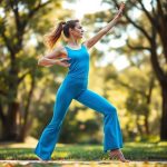 A woman in a Sky Blue yoga tank and flared tights performing a yoga pose in an Australian park.