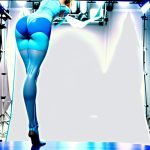 Back view of a Sky Blue yoga tank and flared tights on a model, studio shot.