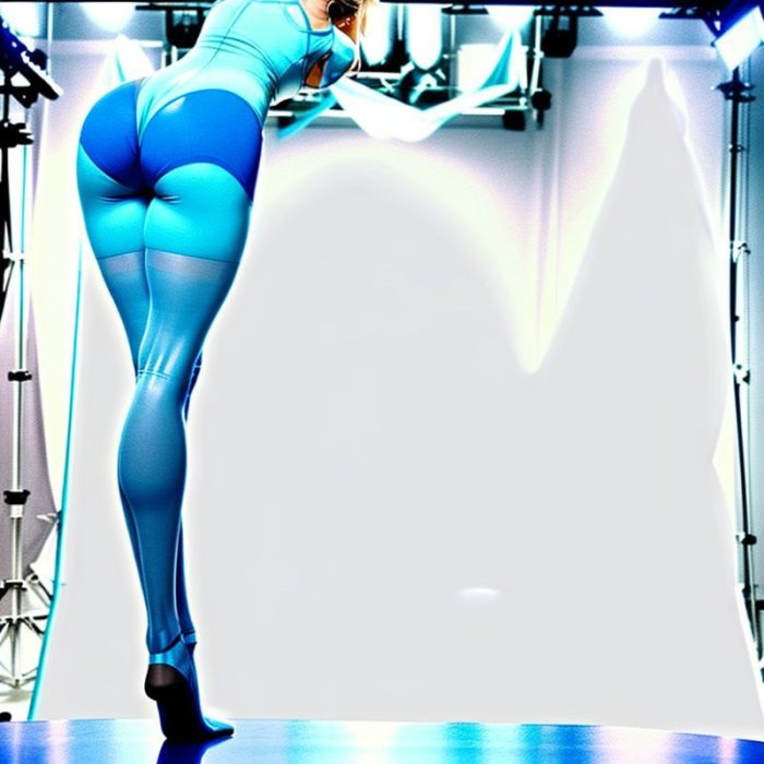 Back view of a Sky Blue yoga tank and flared tights on a model, studio shot.