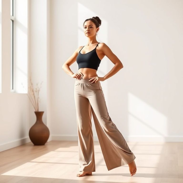 A model in a beige yoga top and black flared yoga pants posing in a bright studio.