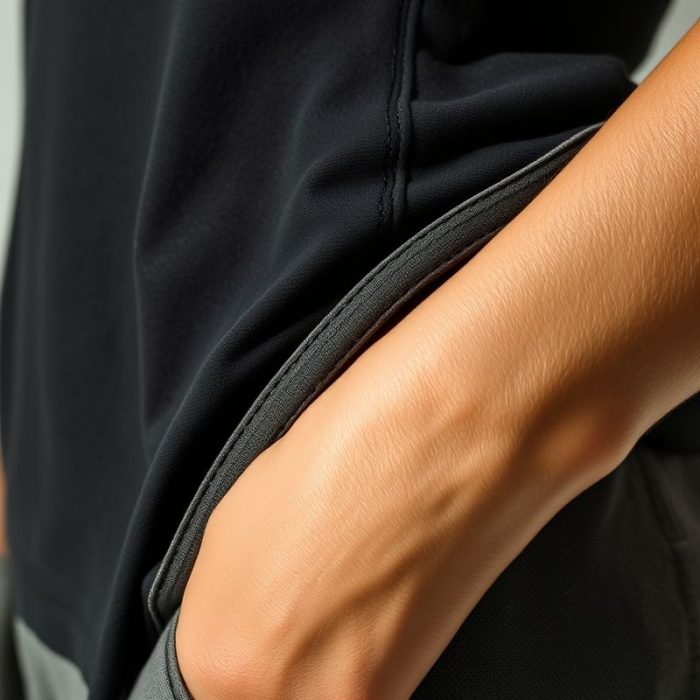 Close-up of the black linen fabric and stitching on this yoga top and flared pants.