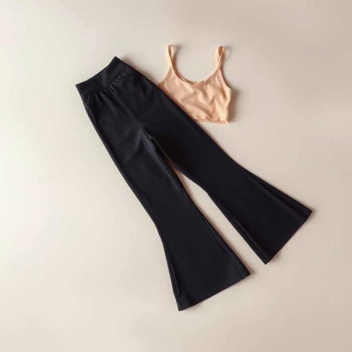 Beige yoga top and black flared yoga pants, neatly folded in a minimalist flat lay.