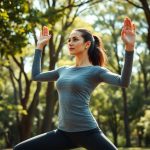 Woman in a Heather Grey yoga top long sleeve made from Econyl fabric performing a yoga pose in an Australian park.